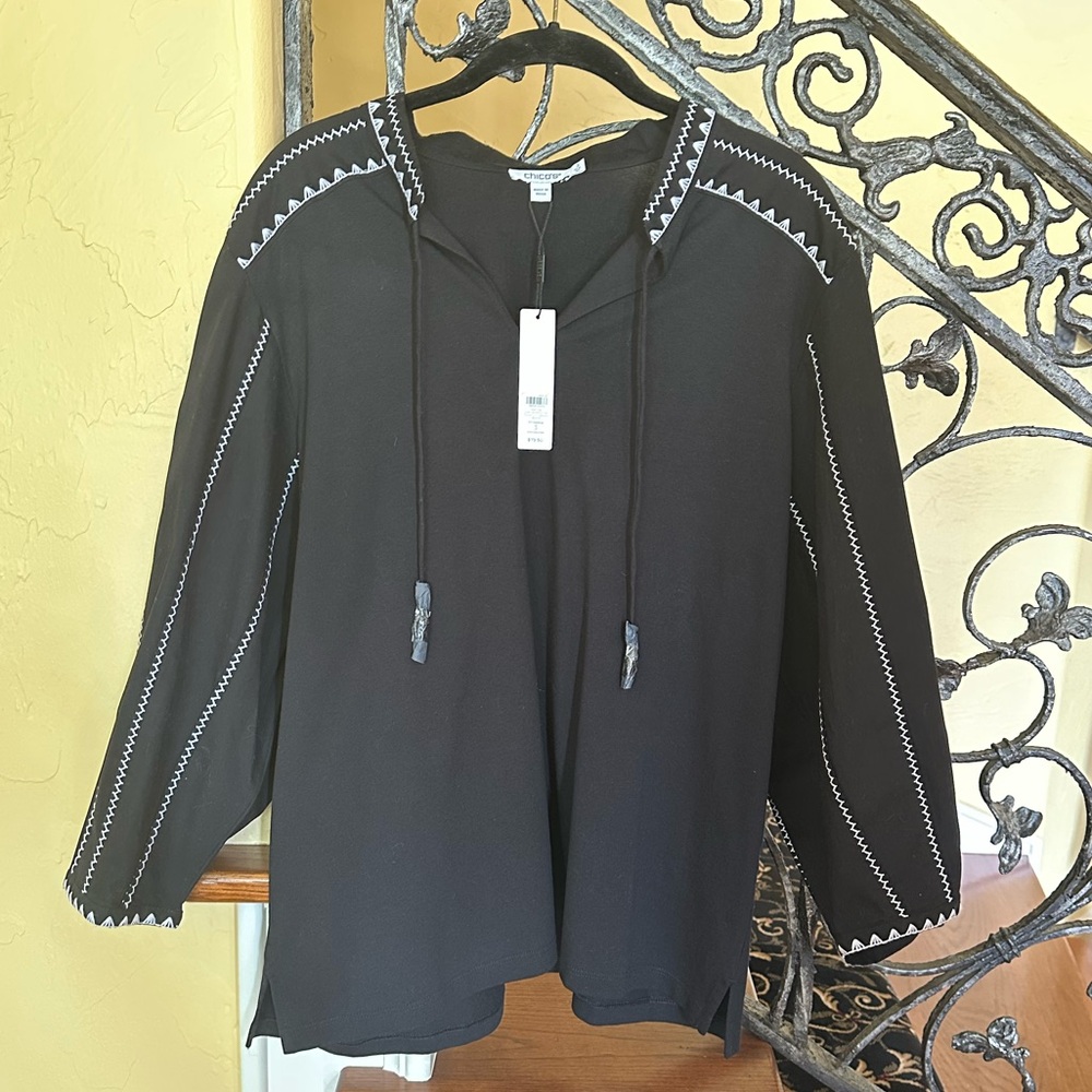 Chico’s black with white Embroidered Top